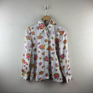 Vintage l 70s M Ship ‘n Shore Funky Floral Polka Dots Pointy Collar Silky Blouse